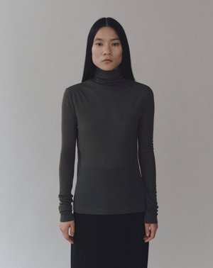 Thin Ribbed Roll Neck Top, Dark Grey