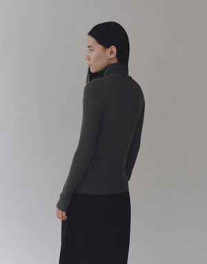 Thin Ribbed Roll Neck Top, Dark Grey