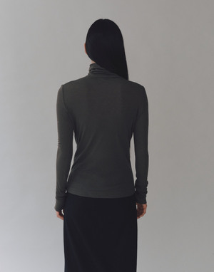 Thin Ribbed Roll Neck Top, Dark Grey