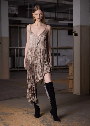 Asymmetric Satin Crinkle Dress, Brown Moonstone