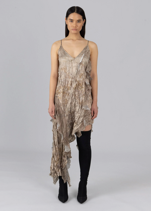 Asymmetric Satin Crinkle Dress, Brown Moonstone