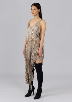 Asymmetric Satin Crinkle Dress, Brown Moonstone