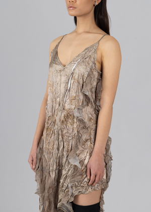 Asymmetric Satin Crinkle Dress, Brown Moonstone