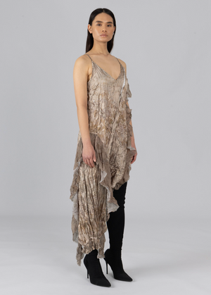 Asymmetric Satin Crinkle Dress, Brown Moonstone