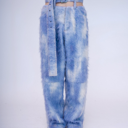 Hand-Painted Fluffy Denim Deconstructed Baggy Trousers