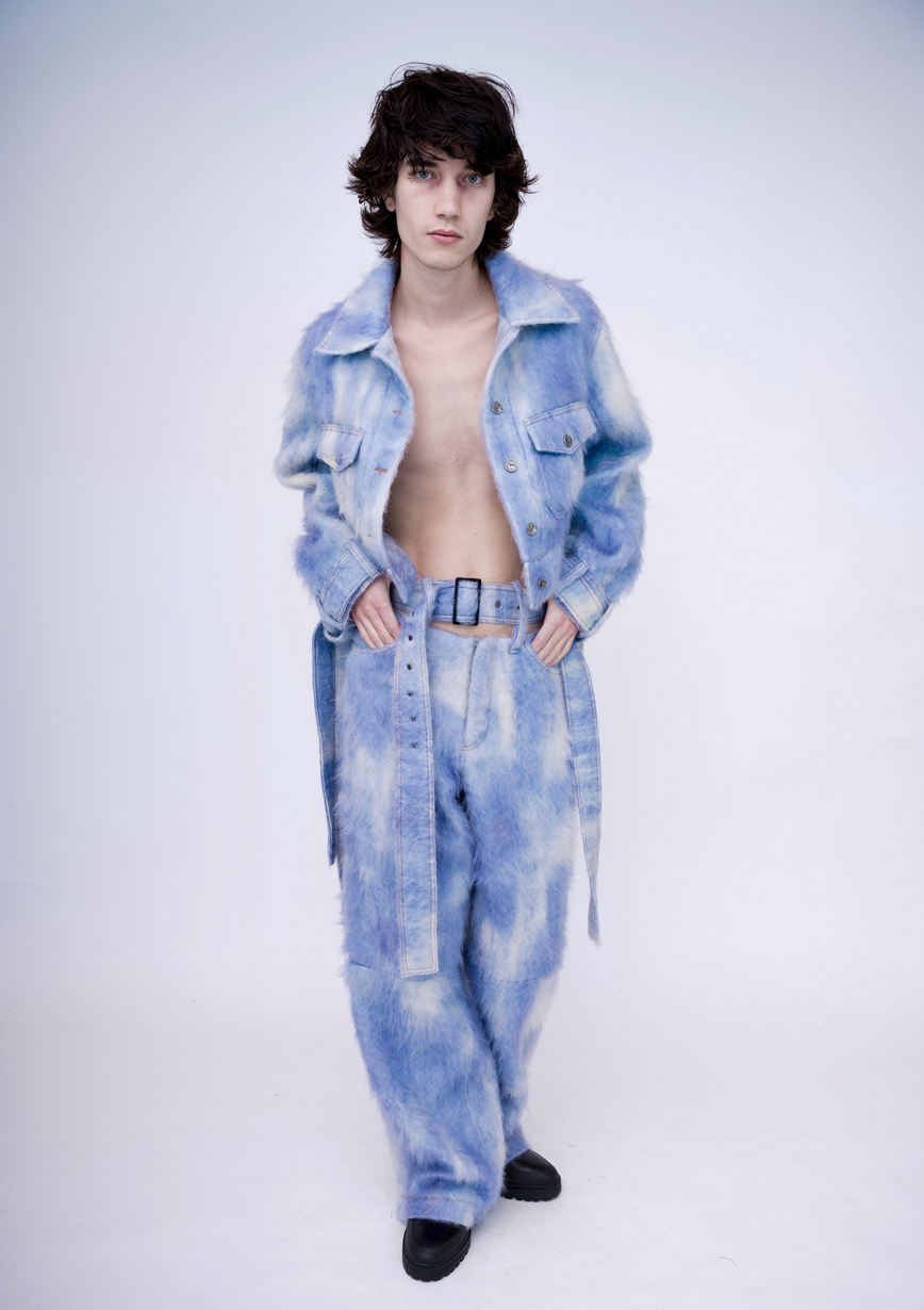 Hand-Painted Fluffy Denim Deconstructed Baggy Trousers