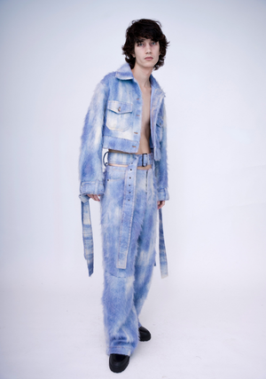 Hand- Painted Fluffy Denim Jacket Cropped, Dawn Blue