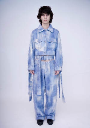 Hand- Painted Fluffy Denim Jacket Cropped, Dawn Blue