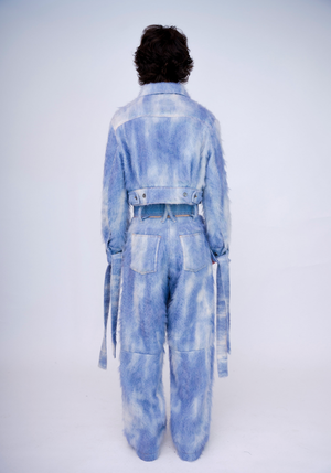 Hand- Painted Fluffy Denim Jacket Cropped, Dawn Blue