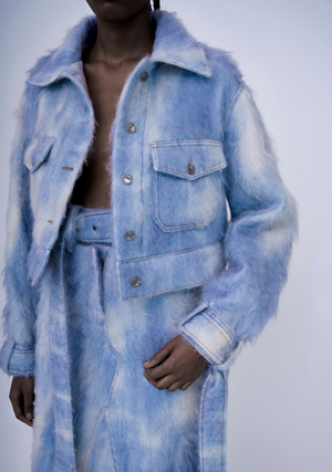 Hand- Painted Fluffy Denim Jacket Cropped, Dawn Blue