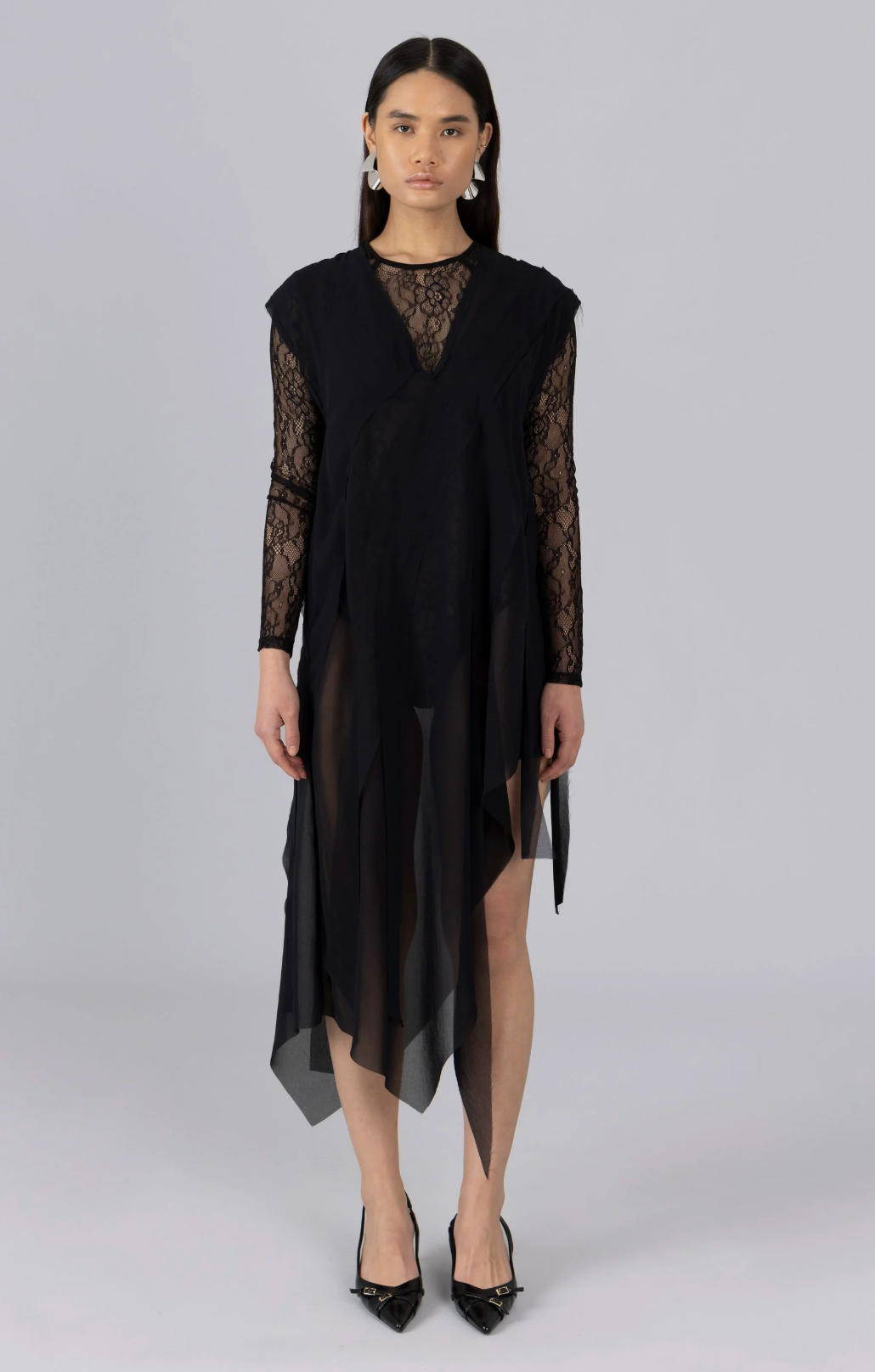 Sheer Distressed Maxi Dress, Black