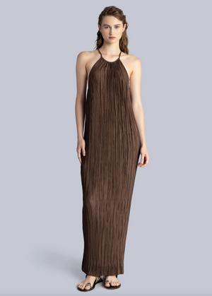 Pleated Halter Maxi Dress, Brown