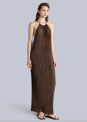 Pleated Halter Maxi Dress, Brown