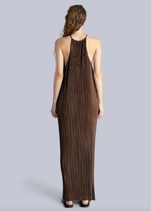 Pleated Halter Maxi Dress, Brown