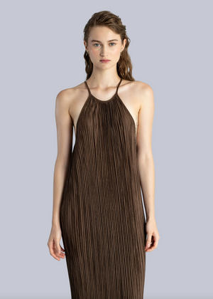 Pleated Halter Maxi Dress, Brown