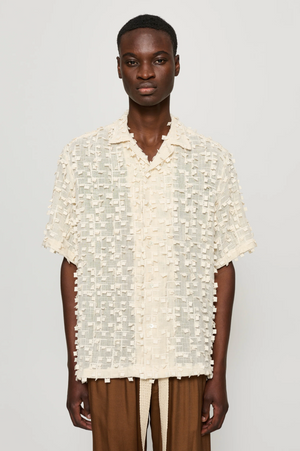 Ted Short Sleeve Shirt, Ecru Square Embroidery