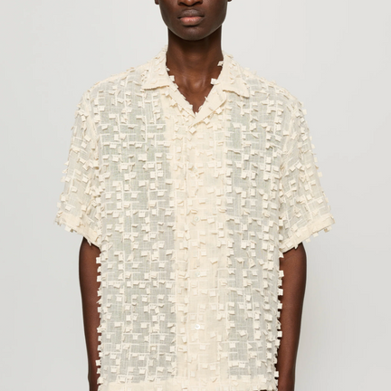 Ted Short Sleeve Shirt, Ecru Square Embroidery
