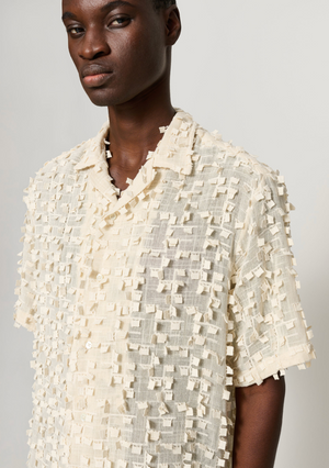 Ted Short Sleeve Shirt, Ecru Square Embroidery
