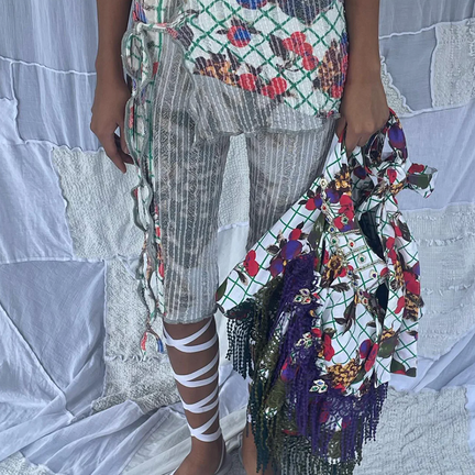 Tablecloth Stretch Weave Mini Skirt Over Capri Pants, Cherry Grey