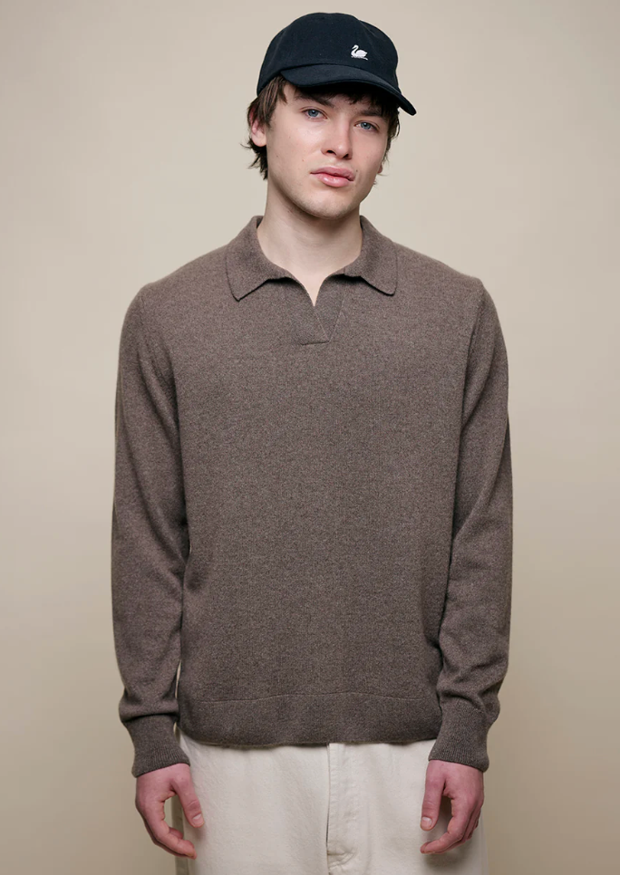 Merino Wool Silk Cashmere Relaxed Fit Long Sleeve Polo, Grain