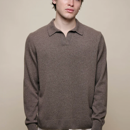 Merino Wool Silk Cashmere Relaxed Fit Long Sleeve Polo, Grain