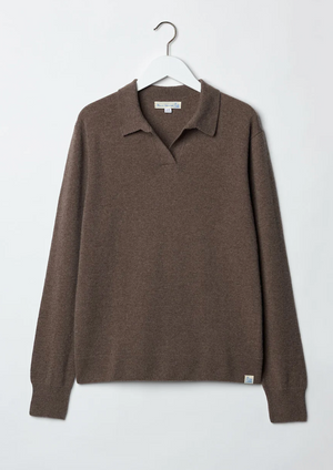 Merino Wool Silk Cashmere Relaxed Fit Long Sleeve Polo, Grain