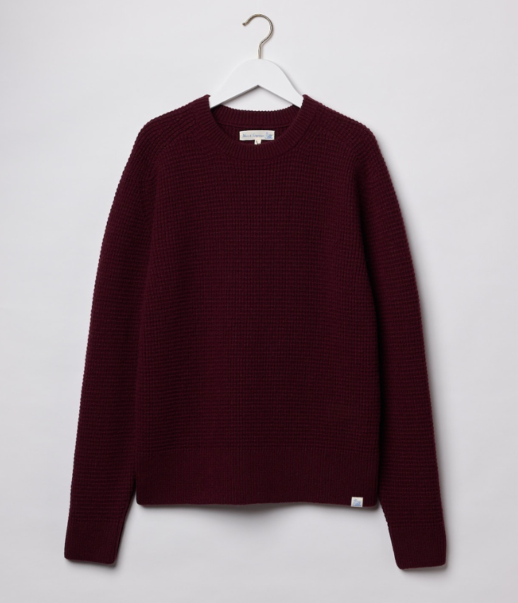 Relaxed Merino Cashmere Waffle Pullover, Burgundy