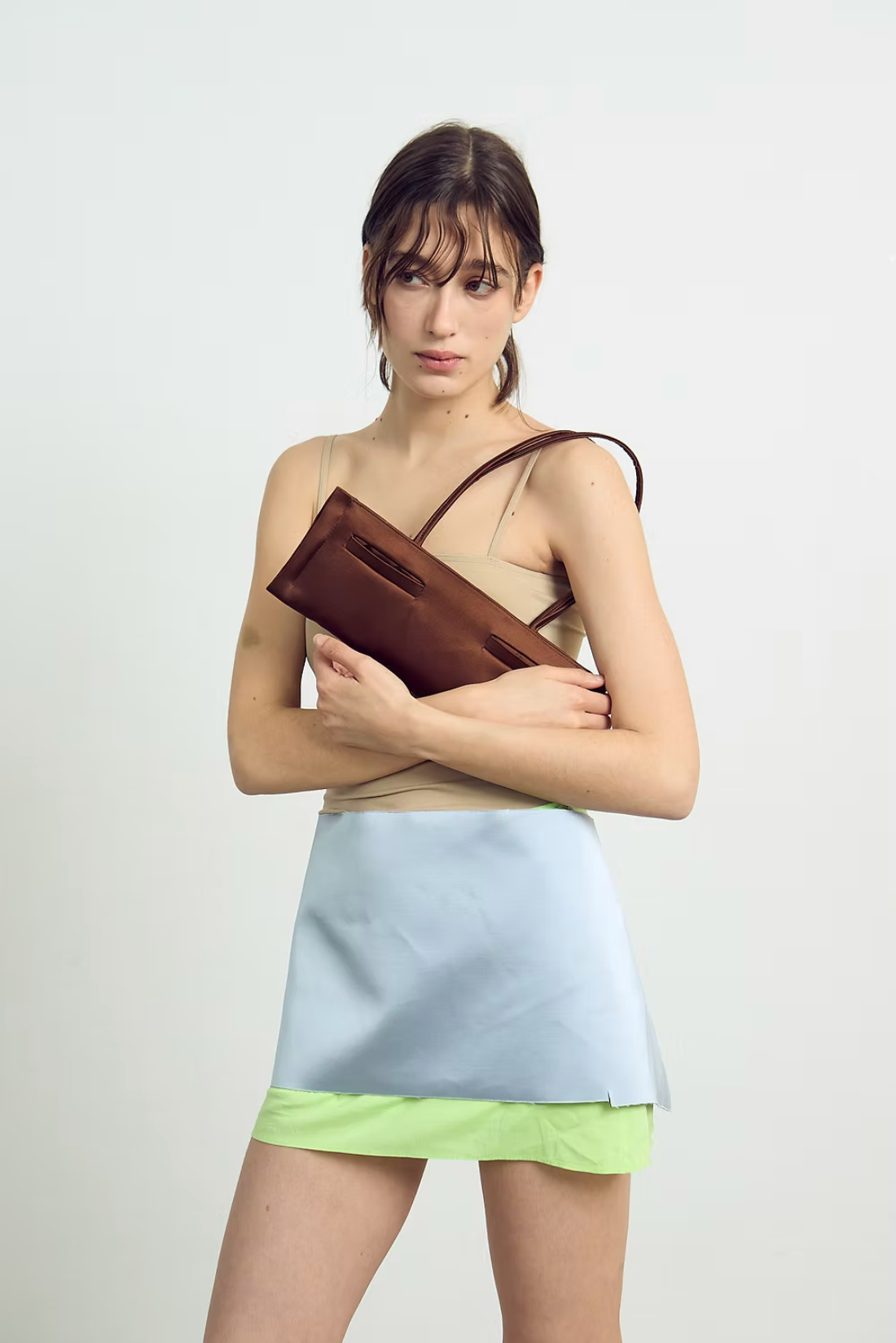 Rectangulo Pockets Satin Bag, Brown