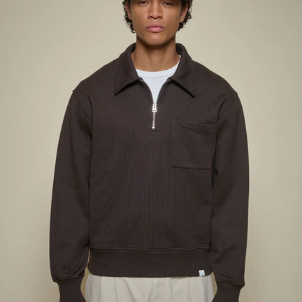 ZIP03.199 Authentic Fleece Polo Collared half Zip Sweatshirt, Espresso