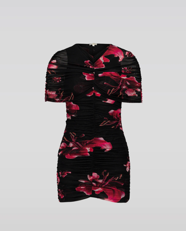 Mesh Floral Cape Mini Dress, Black