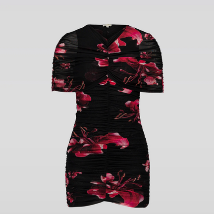 Mesh Floral Cape Mini Dress, Black