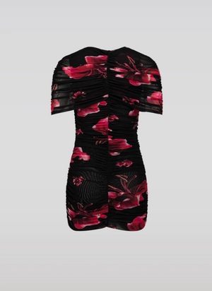 Mesh Floral Cape Mini Dress, Black