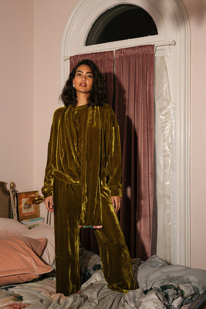 Happy Flared Pants, Olive Silk Velvet