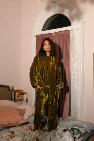 Happy Flared Pants, Olive Silk Velvet