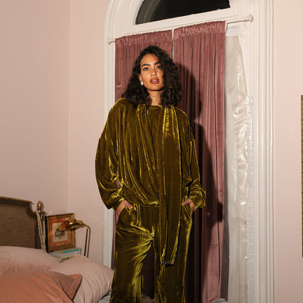 Happy Flared Pants, Olive Silk Velvet