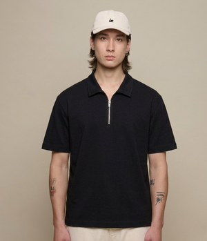 Sturdy Boxy Fit Giza Cotton-Hemp Zip T-Shirt, Deep Black