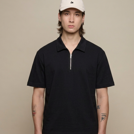 Sturdy Boxy Fit Giza Cotton-Hemp Zip T-Shirt, Deep Black