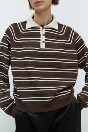 Merino Wool Striped Polo Brown