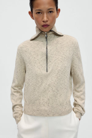 Flecked Cotton Zip Up Sweater, Natural