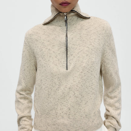Flecked Cotton Zip Up Sweater, Natural