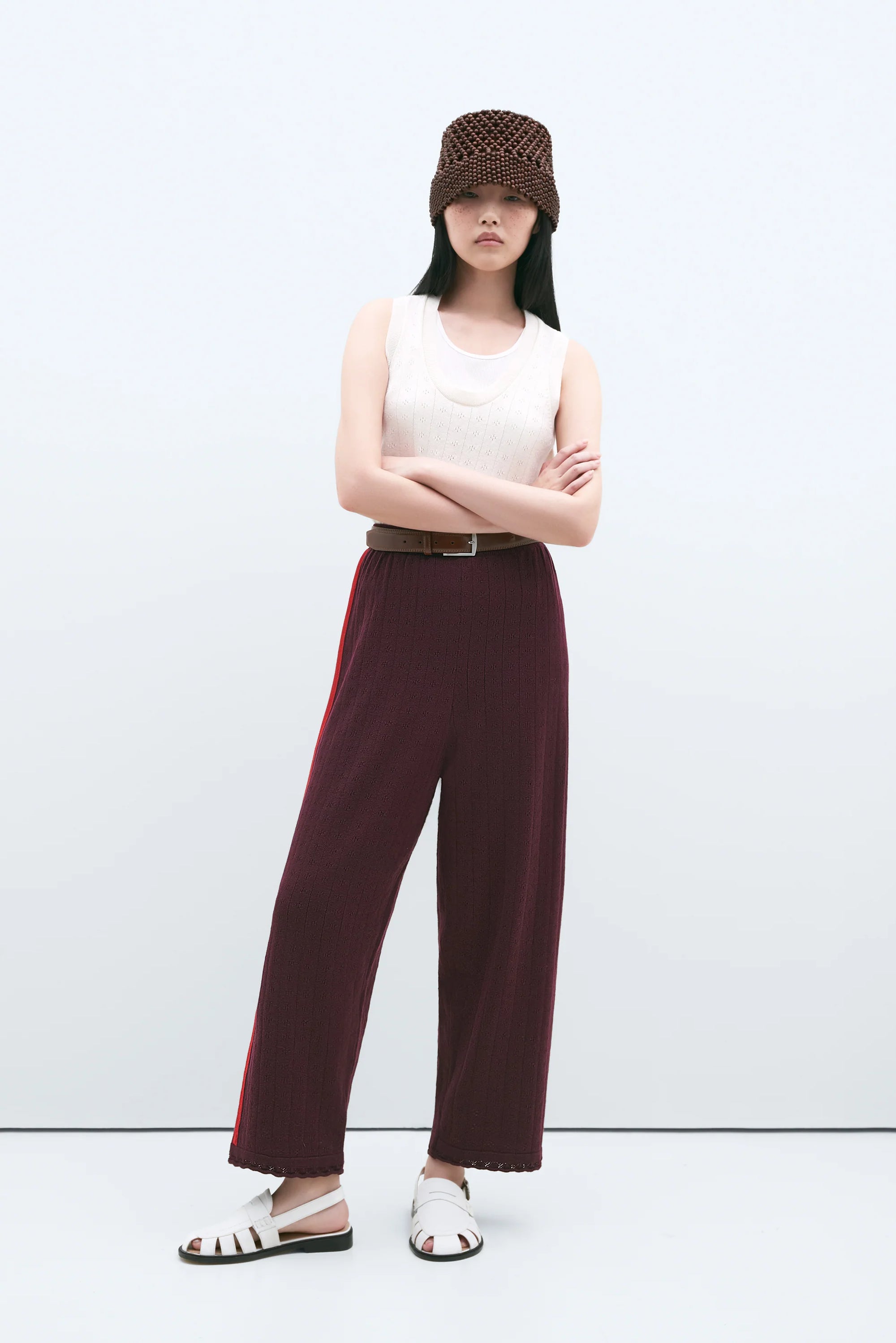 Merino Pointelle Pants, Burgundy