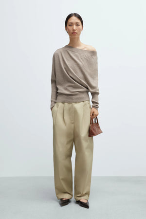 Merino Wool Off The Shoulder Sweater, Taupe