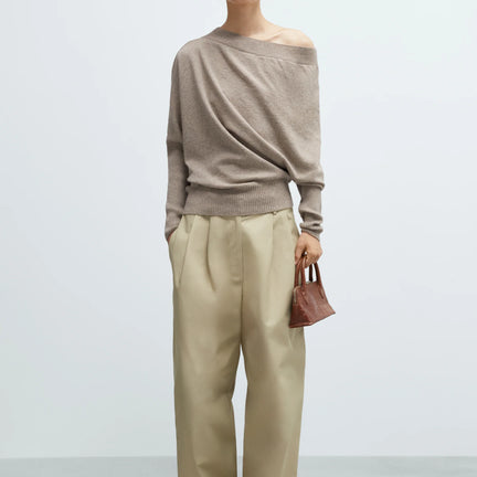 Merino Wool Off The Shoulder Sweater, Taupe