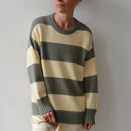 Cotton Knit Stripe Crewneck Sweater, Dill/Lemon