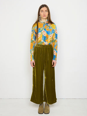 Happy Flared Pants, Olive Silk Velvet