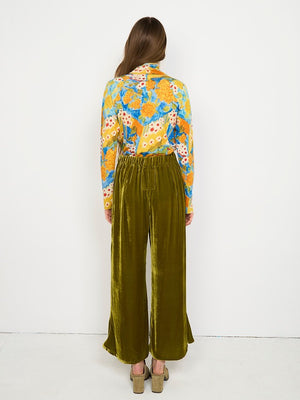 Happy Flared Pants, Olive Silk Velvet