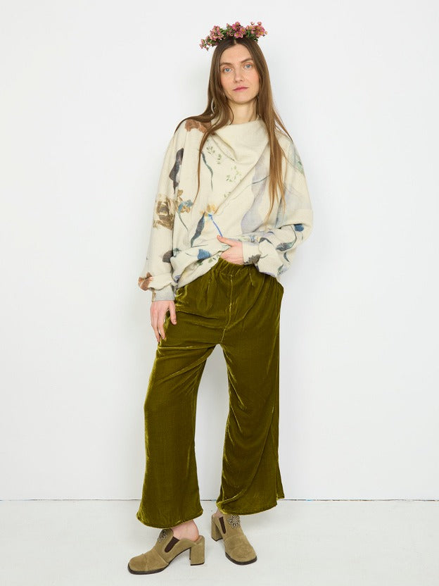 Happy Flared Pants, Olive Silk Velvet