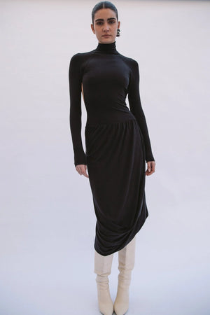 Jan Open Back Draped Long Sleeve Dress, Black