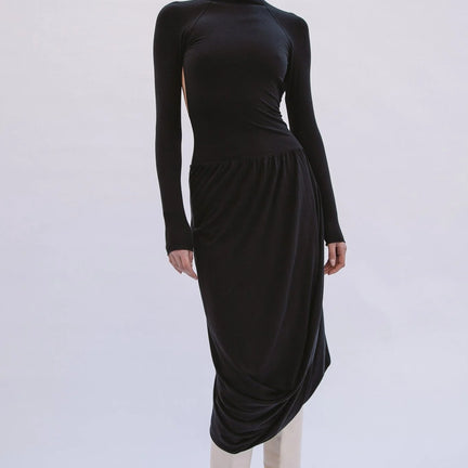 Jan Open Back Draped Long Sleeve Dress, Black