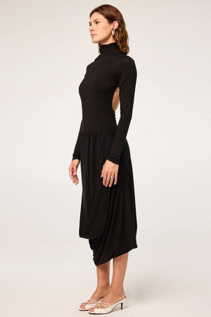 Jan Open Back Draped Long Sleeve Dress, Black